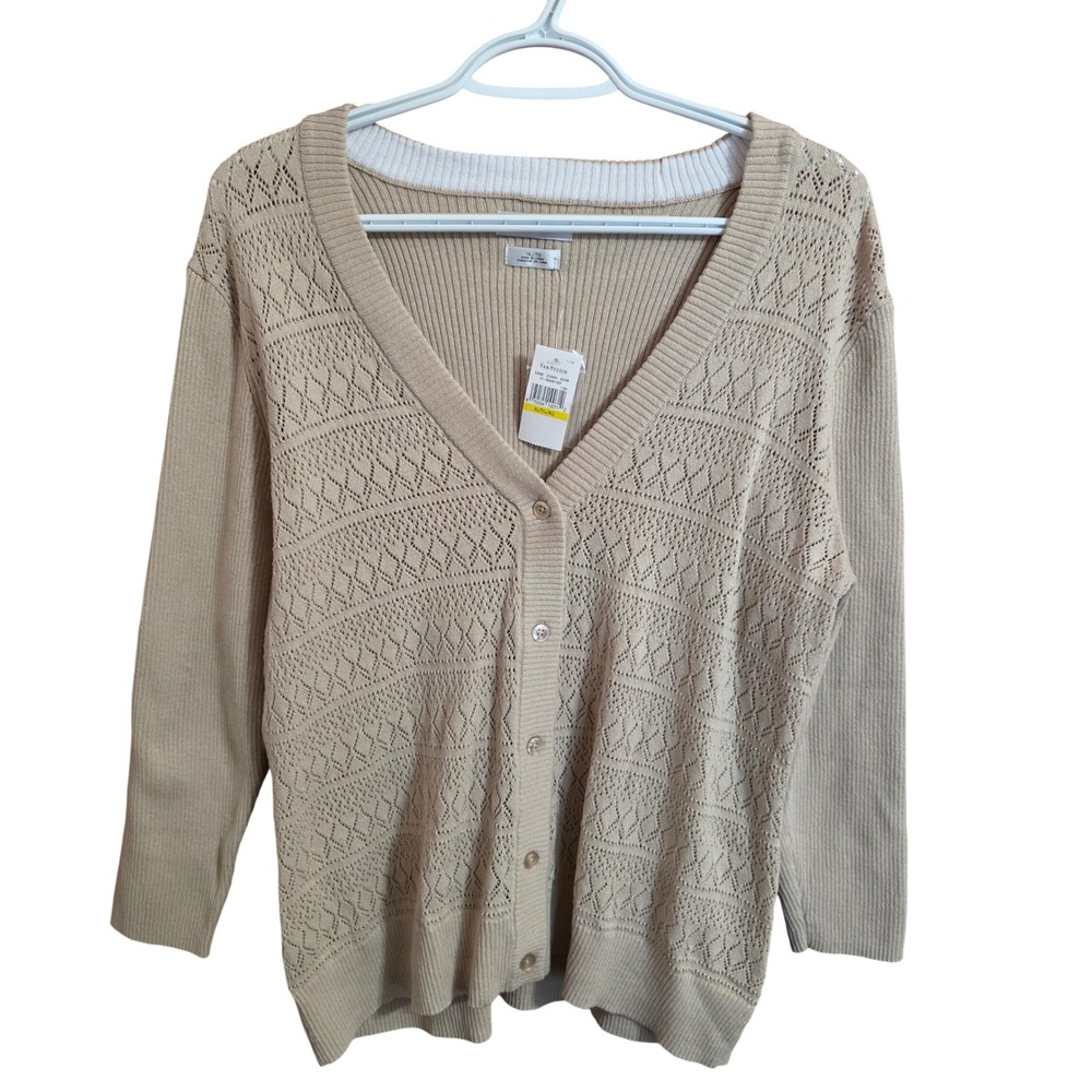 Van Heusen Womens Tan Beige Pointelle Knit V-Neck Cardigan Sweater XL NWT